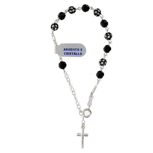 Single decade rosary bracelet of black strass balls and black crystals, 0.24 in, 925 silver 1