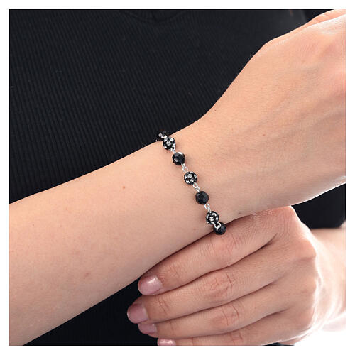 Single decade rosary bracelet of black strass balls and black crystals, 0.24 in, 925 silver 2