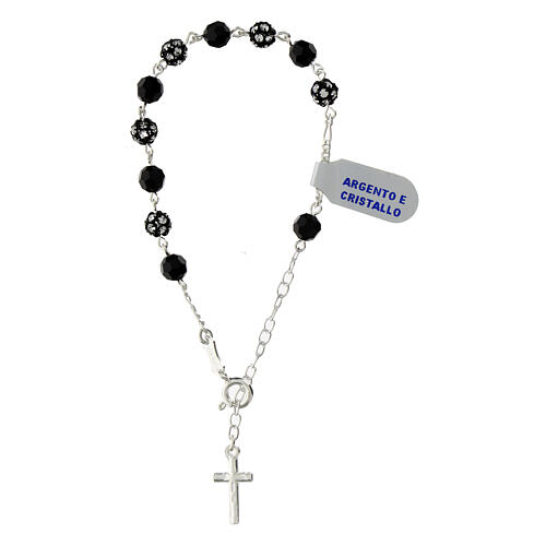 Single decade rosary bracelet of black strass balls and black crystals, 0.24 in, 925 silver 3