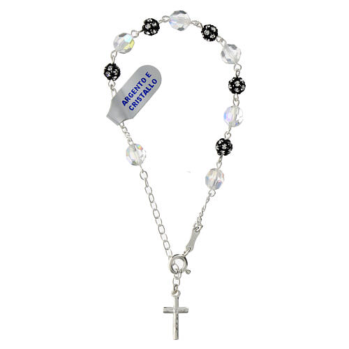 Single decade rosary bracelet of black strass balls and white iridescent crystals, 925 silver 1