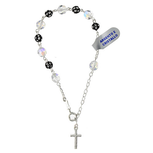 Single decade rosary bracelet of black strass balls and white iridescent crystals, 925 silver 3