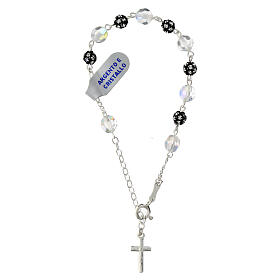 Iridescent black rhinestone crystal cross rosary bracelet in 925 silver