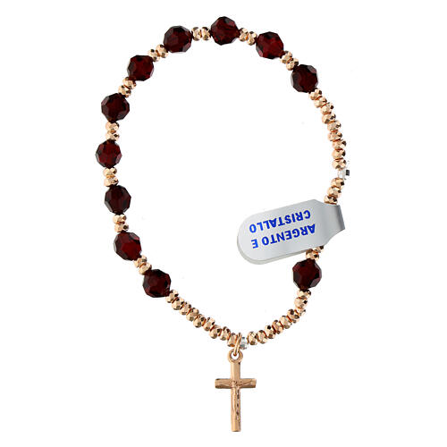 Decade rosary bracelet with rose hematite garnet crystals and elastic cross in 925 silver 1