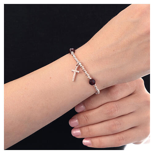 Decade rosary bracelet with rose hematite garnet crystals and elastic cross in 925 silver 2