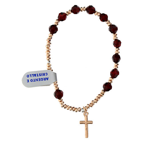 Decade rosary bracelet with rose hematite garnet crystals and elastic cross in 925 silver 3