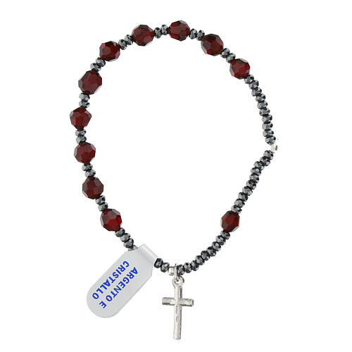 Bracelet hématite noire cristaux bordeaux élastique croix argent 925 3