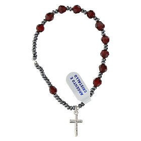 Black hematite bracelet with burgundy crystals, elastic cross in 925 silver
