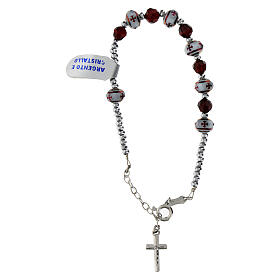 Single decade rosary bracelet burgundy and white beads with crosses, hematite and 925 silver