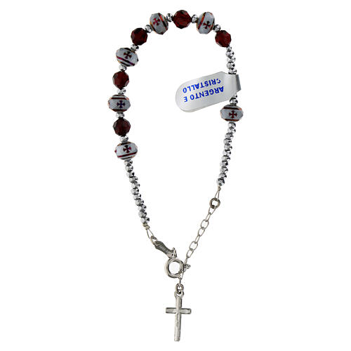 Single decade rosary bracelet burgundy and white beads with crosses, hematite and 925 silver 3