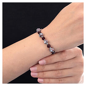 Pulsera decena granos burdeos blancos cruz plata 925 hemtites