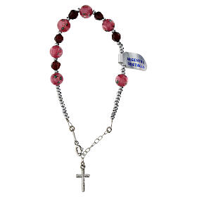 Single decade rosary bracelet burgundy and pink beads with roses, hematite and 925 silver