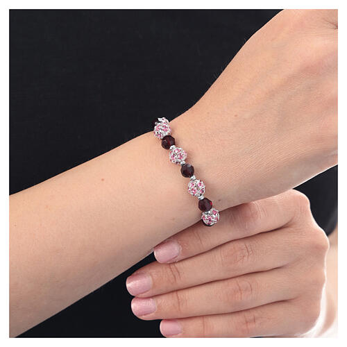 Bracelet cristaux bordeaux strassball rose hématite argent 925 câble 2