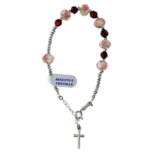 Single decade rosary bracelet burgundy and white beads with roses, hematite and 925 silver 1