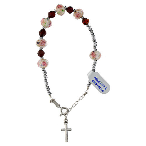 Single decade rosary bracelet burgundy and white beads with roses, hematite and 925 silver 3