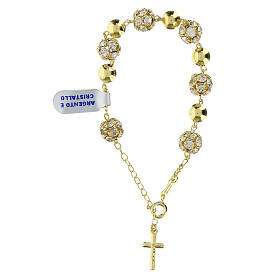 Golden rhinestone rosary bracelet with white zircons and shiny 925 silver