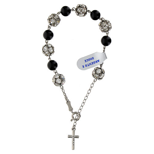 Single decade rosary bracelet, onyx and white strass ball beads, burnished 925 silver 1