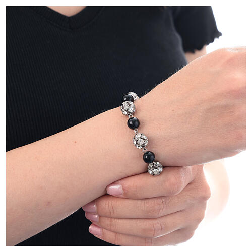 Single decade rosary bracelet, onyx and white strass ball beads, burnished 925 silver 2