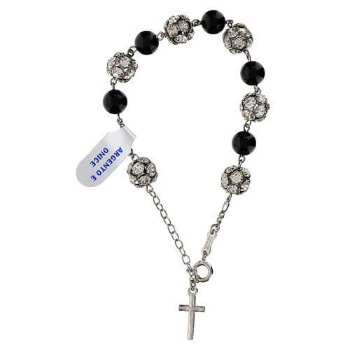 Single decade rosary bracelet, onyx and white strass ball beads, burnished 925 silver 3