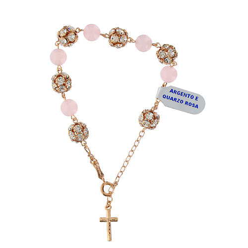 Single decade rosary bracelet, quartz and white strass ball beads, rosé 925 silver 1