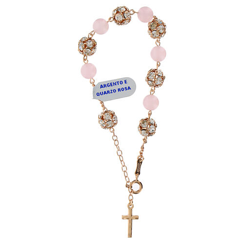 Single decade rosary bracelet, quartz and white strass ball beads, rosé 925 silver 2