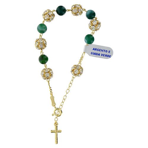 Single decade rosary bracelet, green jade and white strass ball beads, gold plated 925 silver 1