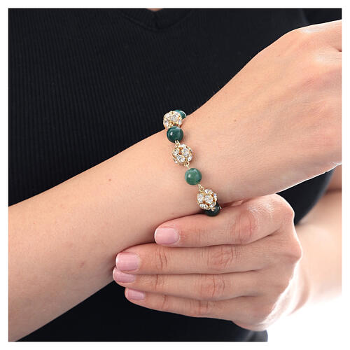 Single decade rosary bracelet, green jade and white strass ball beads, gold plated 925 silver 2