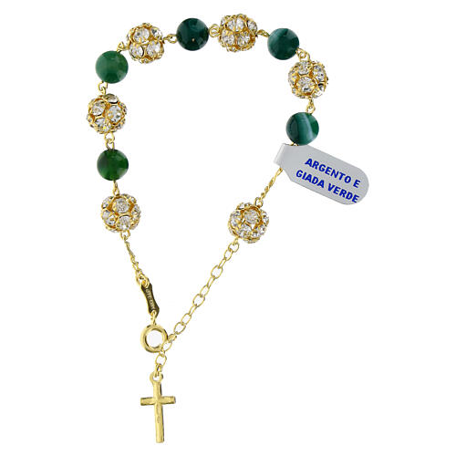 Single decade rosary bracelet, green jade and white strass ball beads, gold plated 925 silver 3