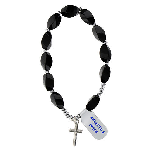 Onyx single decade bracelet, 0.24x0.47 in oval beads and hematite, 925 silver cross 1