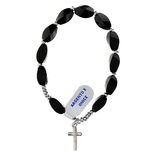 Onyx single decade bracelet, 0.24x0.47 in oval beads and hematite, 925 silver cross 3