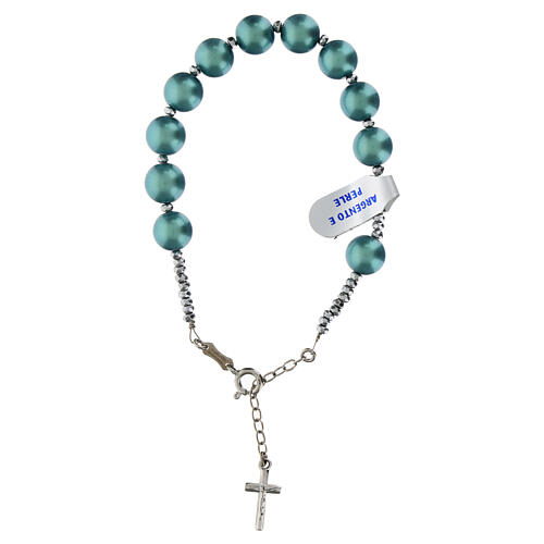 Bracelet with green hematite pearls and cross in rhodium-plated 925 silver 1