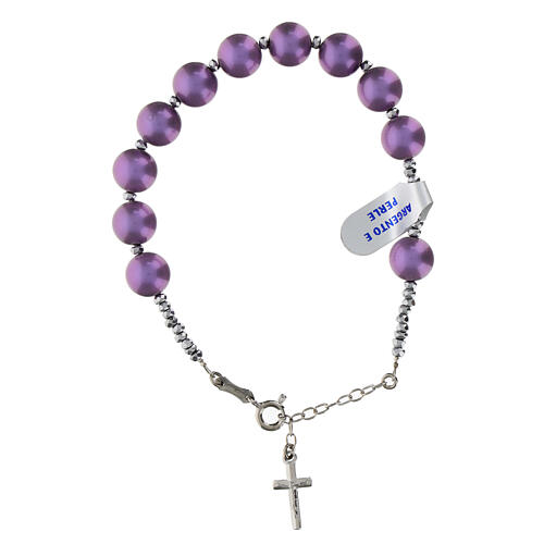 Decade rosary bracelet with purple pearls and cross in 925 rhodium-plated hematite silver 1