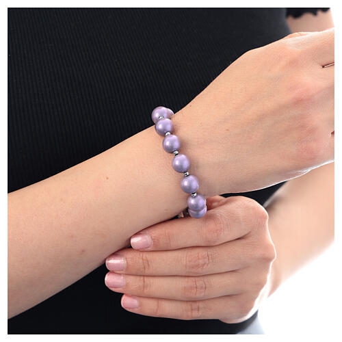 Decade rosary bracelet with purple pearls and cross in 925 rhodium-plated hematite silver 2