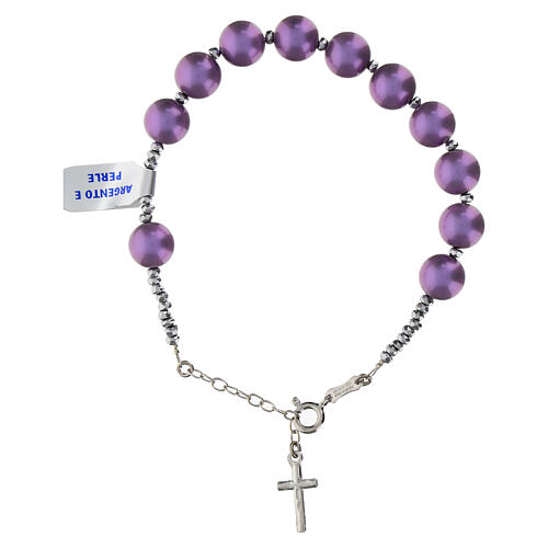 Decade rosary bracelet with purple pearls and cross in 925 rhodium-plated hematite silver 3