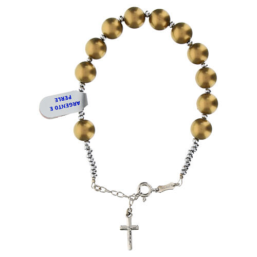 Bronze hematite pearl bracelet with rhodium-plated 925 silver cross 1