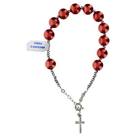 Pulsera decena perlas rojas hematites cruz plata 925 rodiada