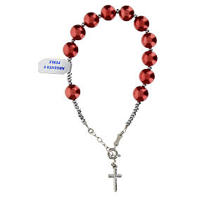 Pulseira dezena pérolas vermelhas hematita crux prata 925 rodinada