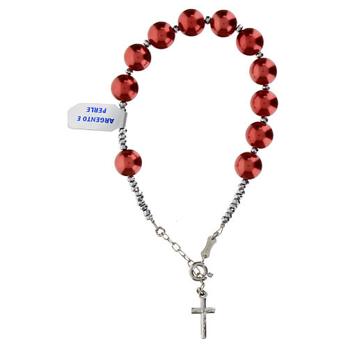 Rosary bracelet with red hematite pearls and cross in rhodium-plated 925 silver 1