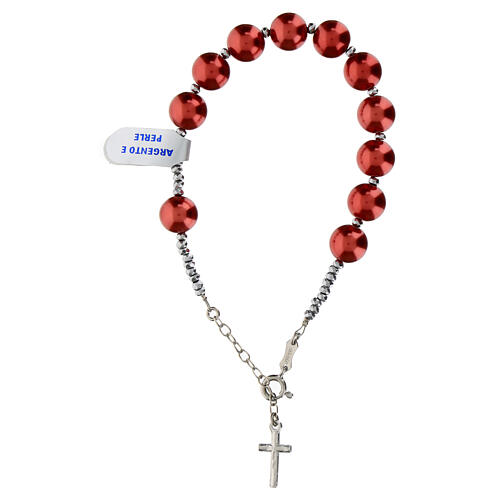 Rosary bracelet with red hematite pearls and cross in rhodium-plated 925 silver 3