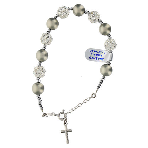 Rosary bracelet with ten gray rhinestone pearls in rhodium-plated 925 silver 1