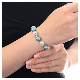 Rosary bracelet with green pearls and rhinestone beads in rhodium-plated 925 silver