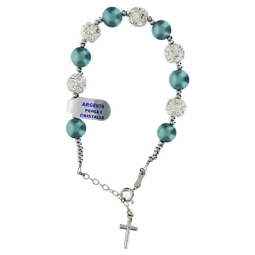 Rosary bracelet with green pearls and rhinestone beads in rhodium-plated 925 silver 1