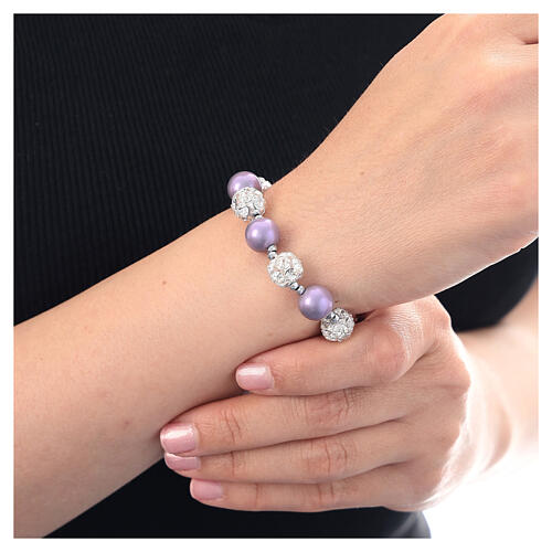 Single decade rosary bracelet, purple pearls and strass ball beads, rhodium-plated 925 silver 2
