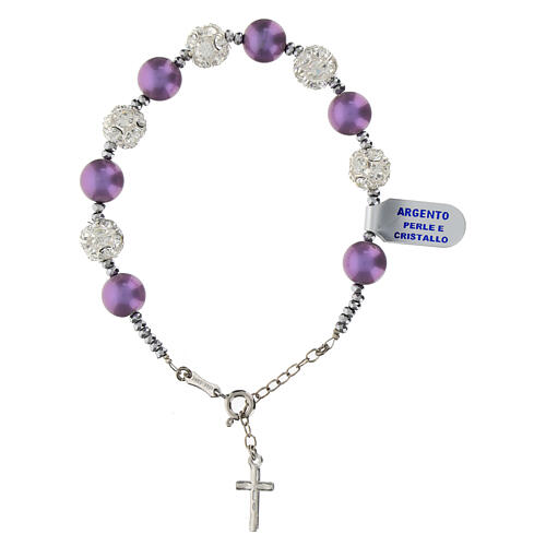 Bracciale strassball cristalli bianchi perle viola ematite argento 925 3
