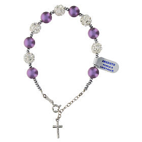 Pulseira bolas de strass cristais brancos pérolas roxas hematita prata 925