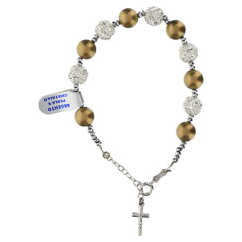 Bracciale perle marroni strassball cristalli bianchi argento 925 rodio 1