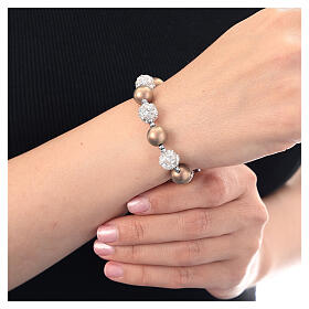 Pulseira pérolas castanhas bolas de strass brancos prata 925 rodinada