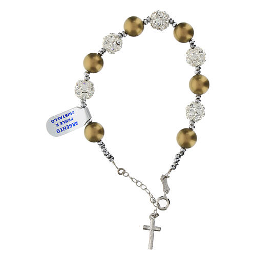 Bracelet with brown pearls, rhinestones, white crystals, 925 rhodium silver 3