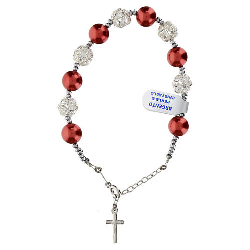 Bracelet of rhodium-plated 925 silver, red pearls and strass ball beads 1