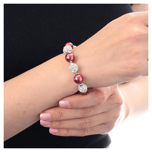 Bracelet of rhodium-plated 925 silver, red pearls and strass ball beads 2