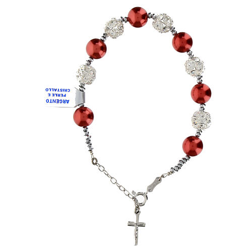 Bracelet of rhodium-plated 925 silver, red pearls and strass ball beads 3